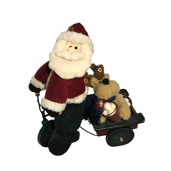 Santa Claus Riding a Bike & Reindeer Plush Toy Wagon 13" Tall 11" Wide - Picture 1 of 10
